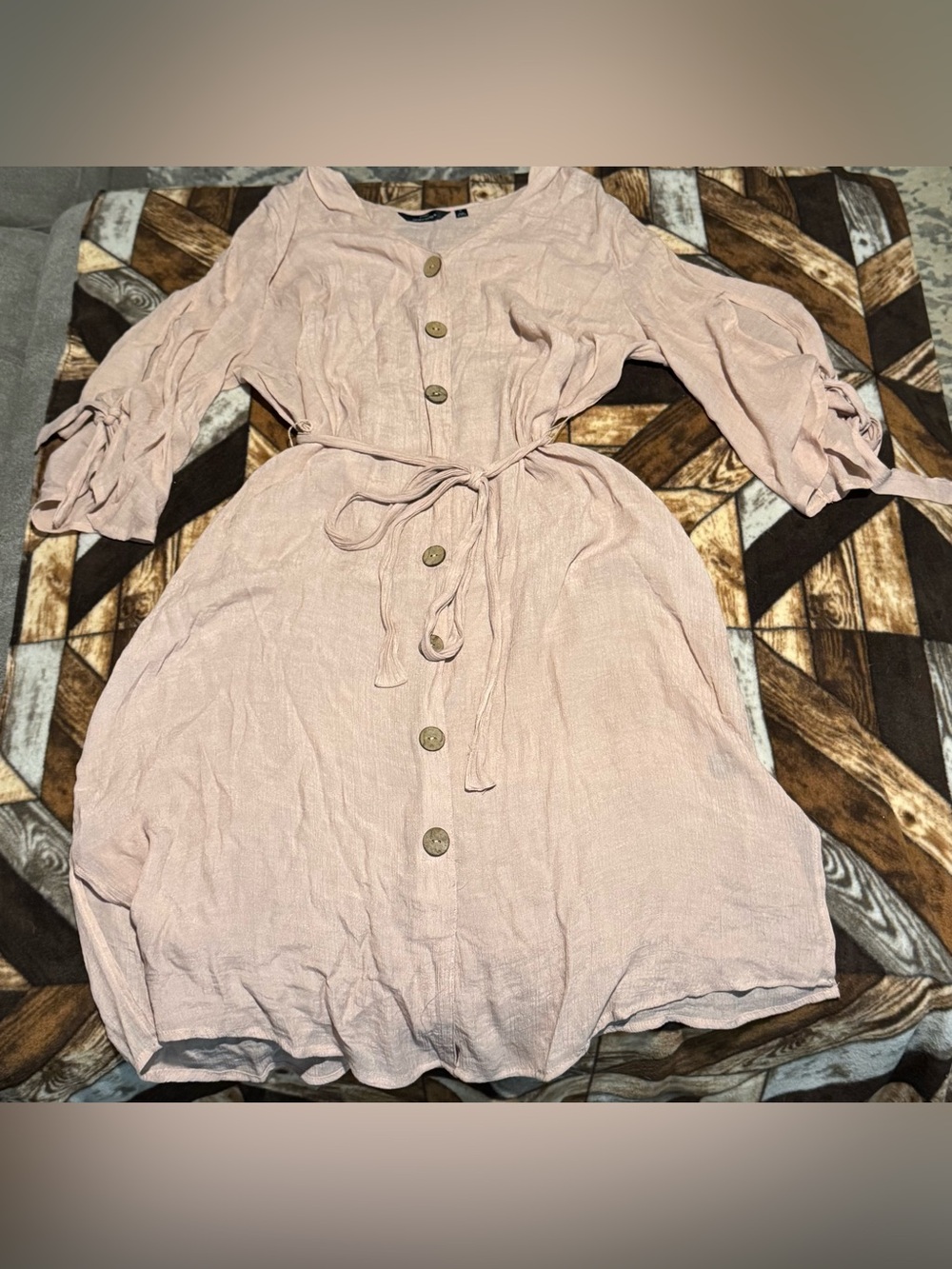 Mlle Gabrielle Pale Blush Button-Front Tie-Waist Dress